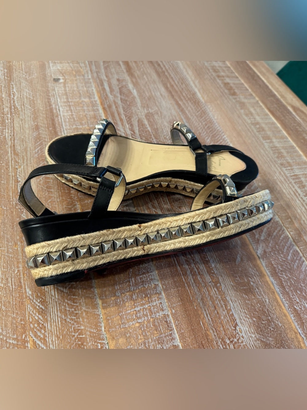Christian Louboutin Cataclou Beige and Black Studded Espadrille Sandals